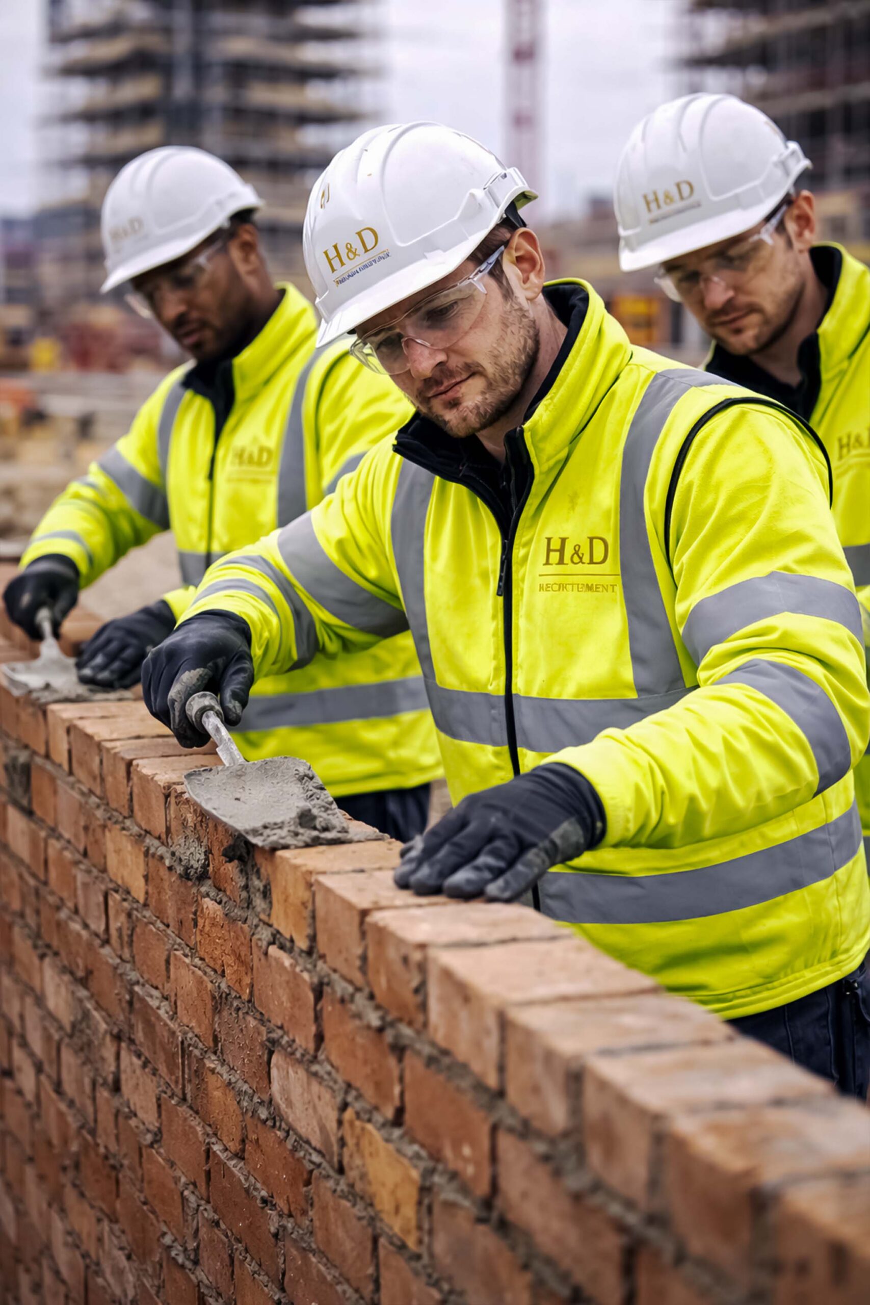 Construction workers in safety gear handling machinery