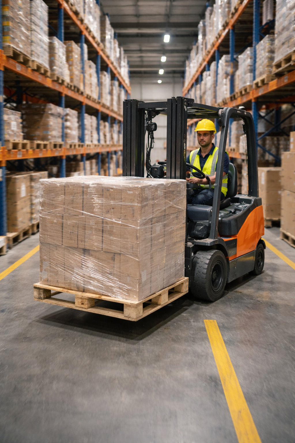 Forklift moving pallets in a warehouse