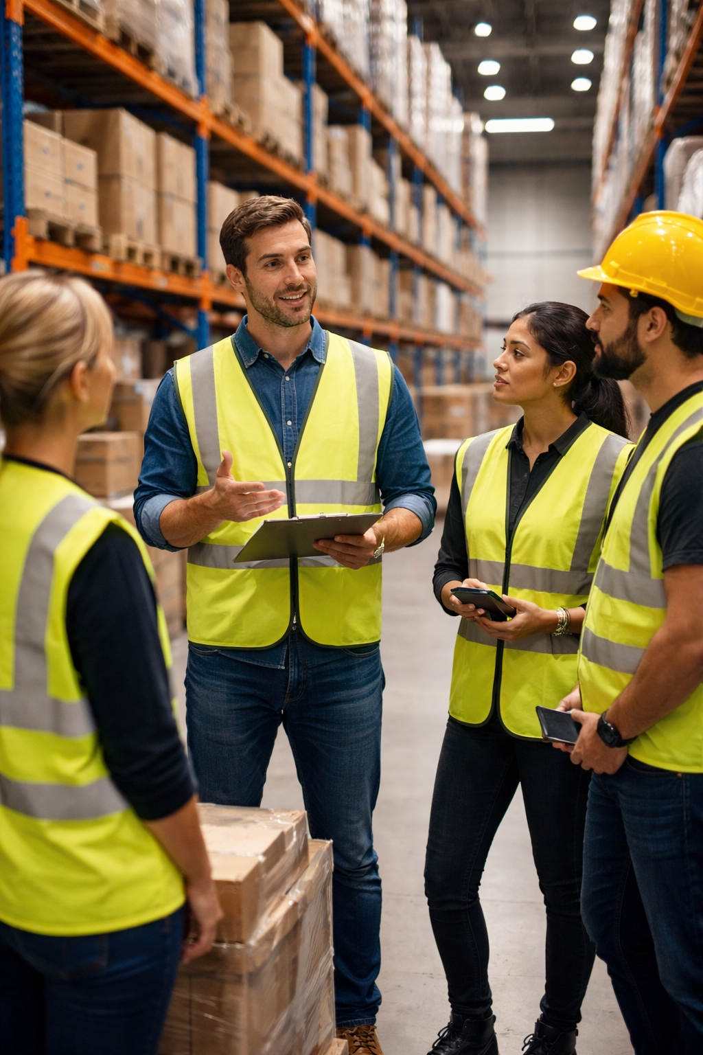 Warehouse team briefing and safety checks